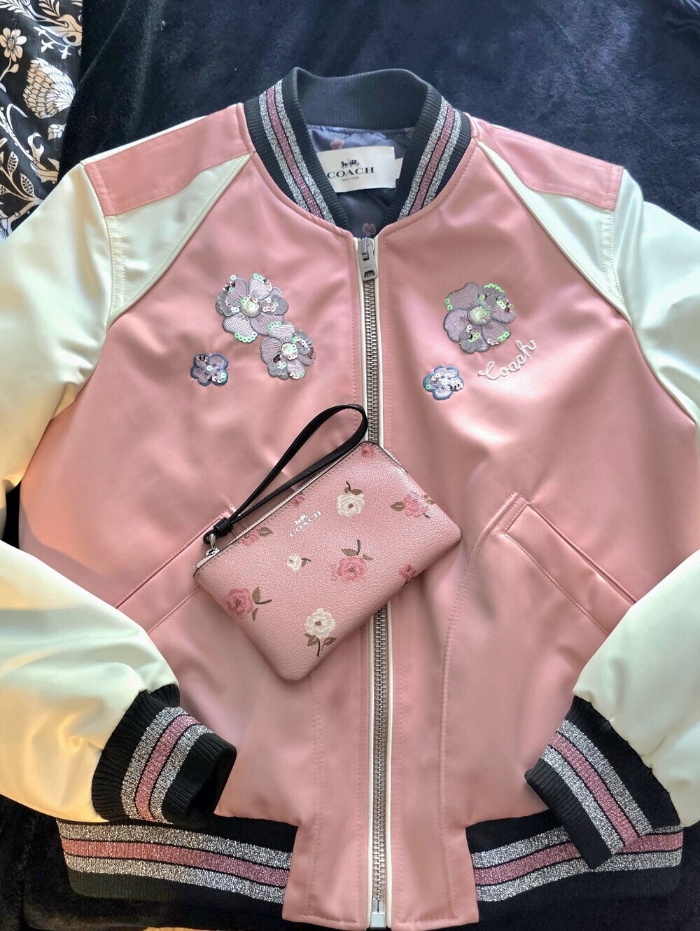 Coach Pink Floral Varsity Bomber Jacket + Matching Wristlet Bundle Medium